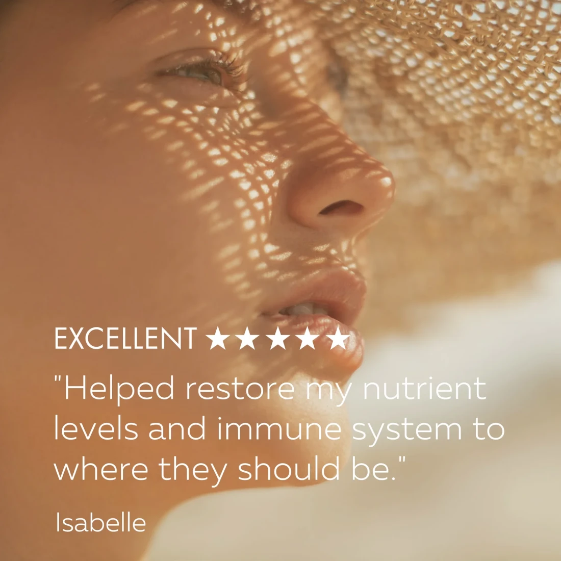 A woman's face in dappled sunlight from a straw hat, with an overlaid five-star customer review.