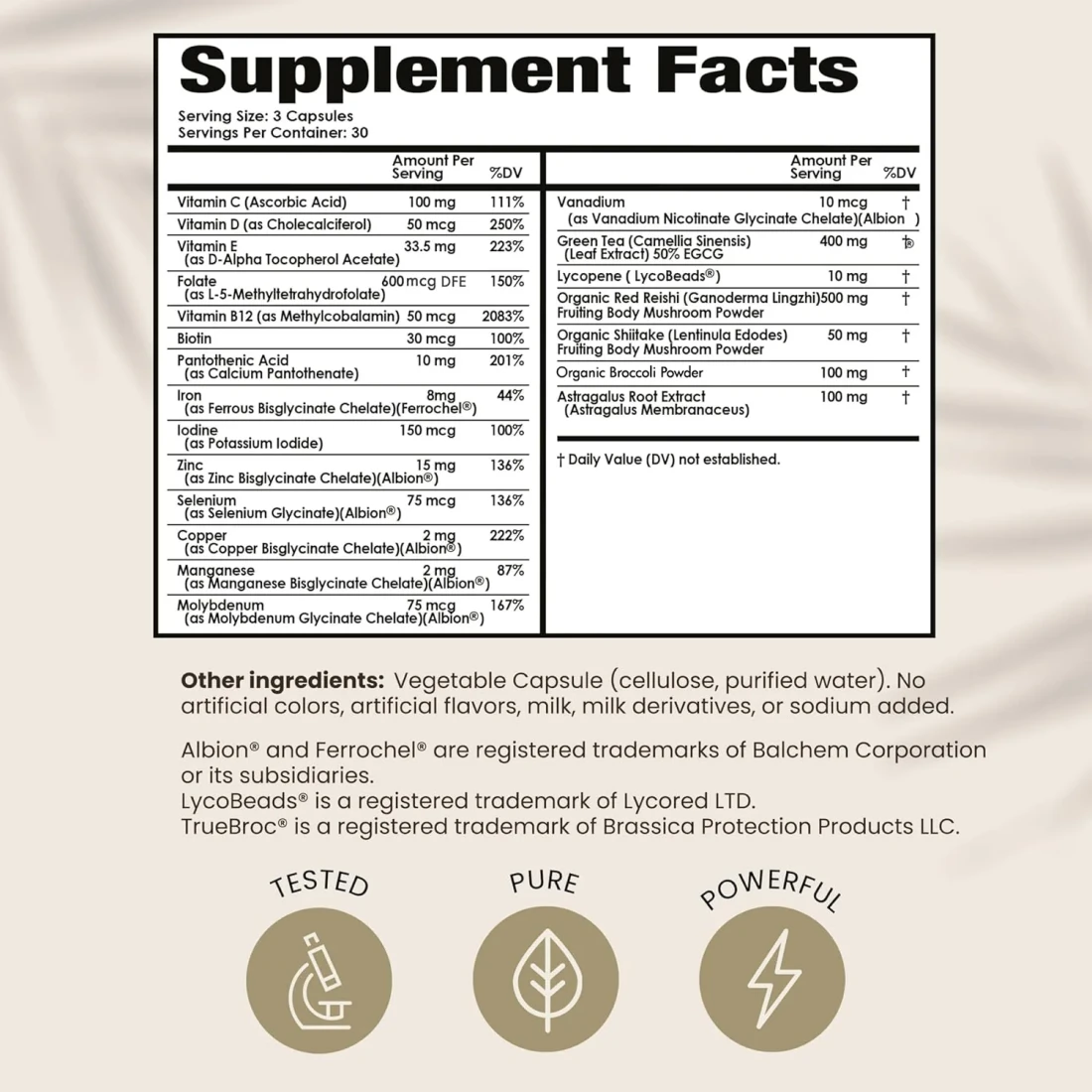 The supplement facts label for a dietary supplement, showing ingredients, amounts, and daily values.