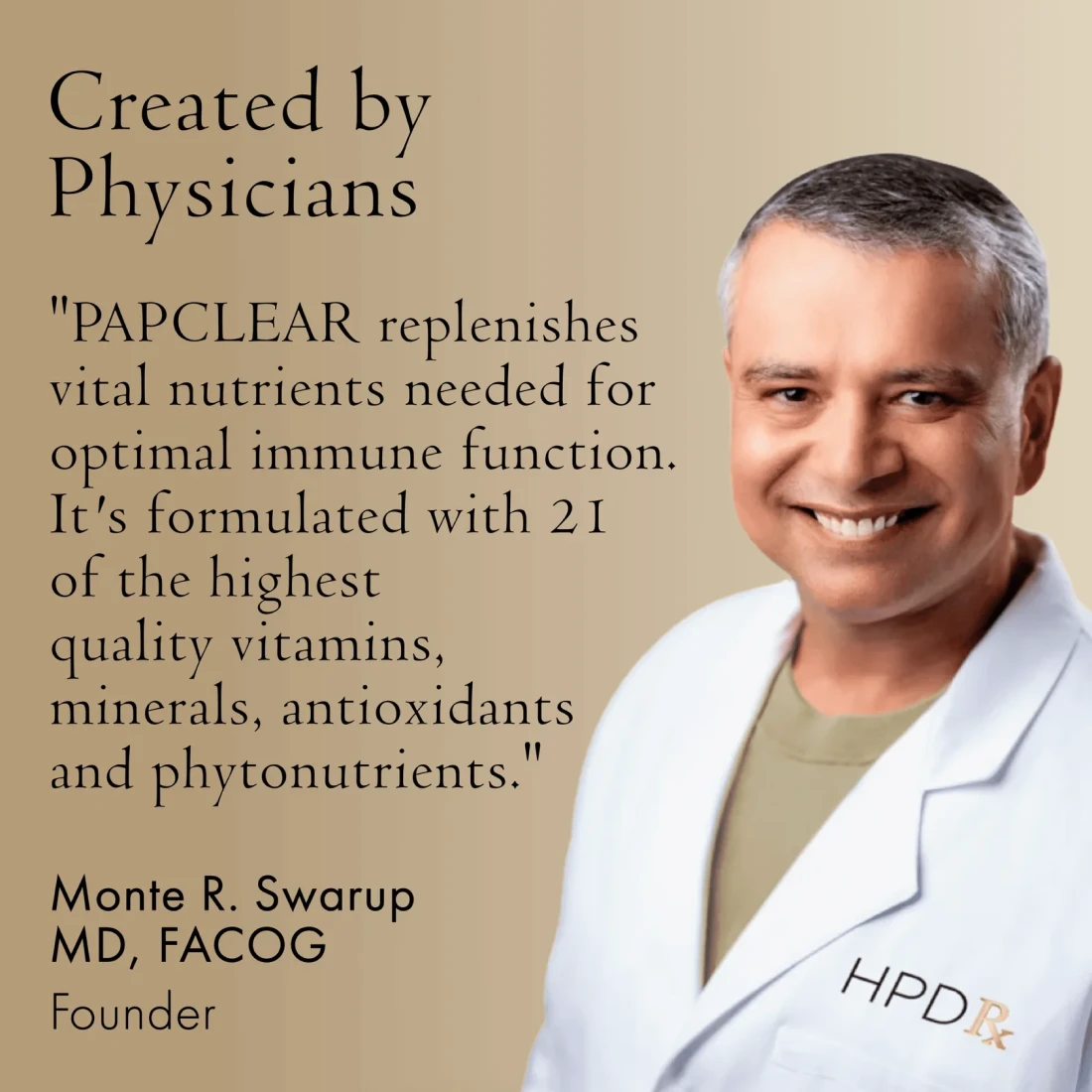 A smiling physician in a white lab coat stands next to a testimonial quote.