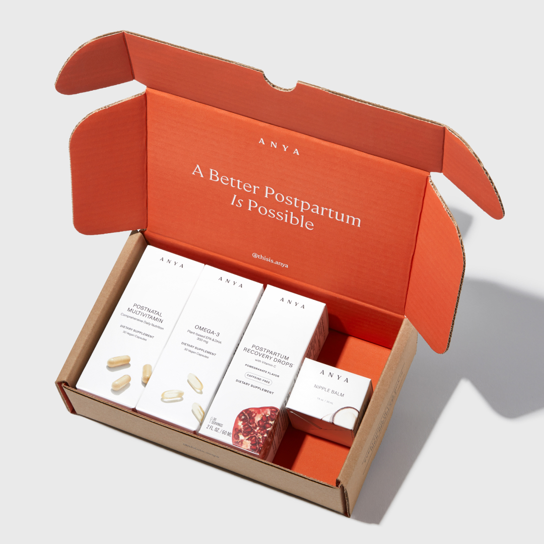 Open orange box with postpartum products labeled 'Anya.'