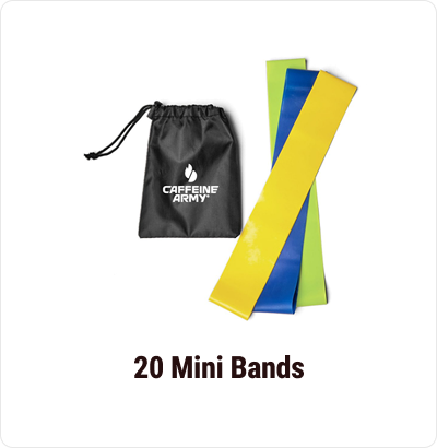 Three colored resistance bands and a black drawstring bag.