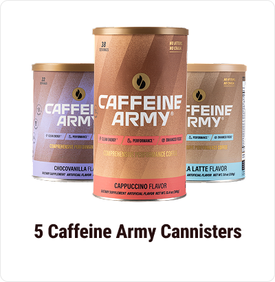 Three Caffeine Army canisters with different flavors displayed.