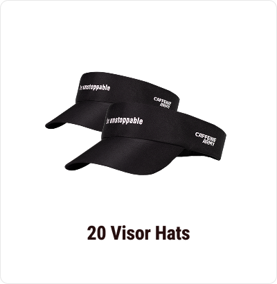 Two black visor hats with white text on a white background.