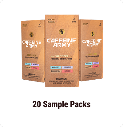 Three Caffeine Army sample pack boxes with various flavors displayed.