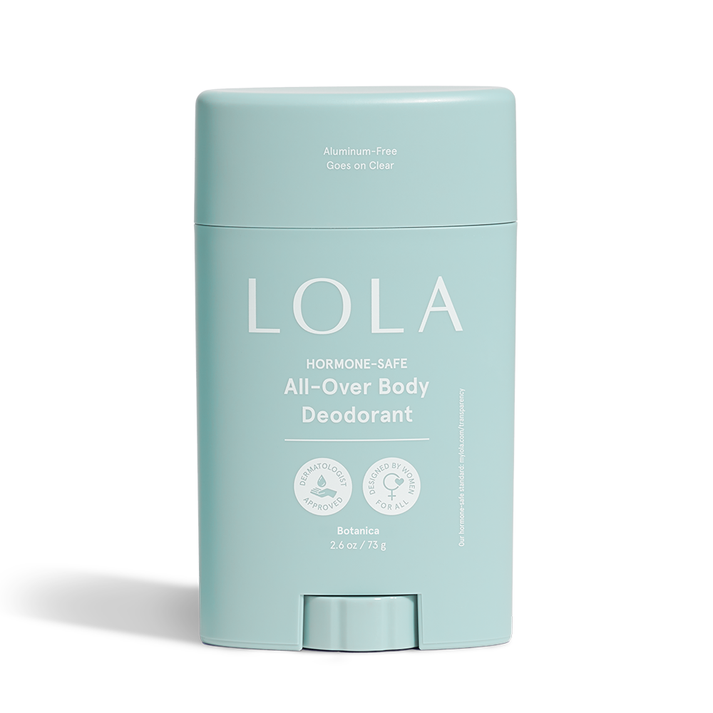 A light blue stick of Lola All-Over Body Deodorant against a white background.