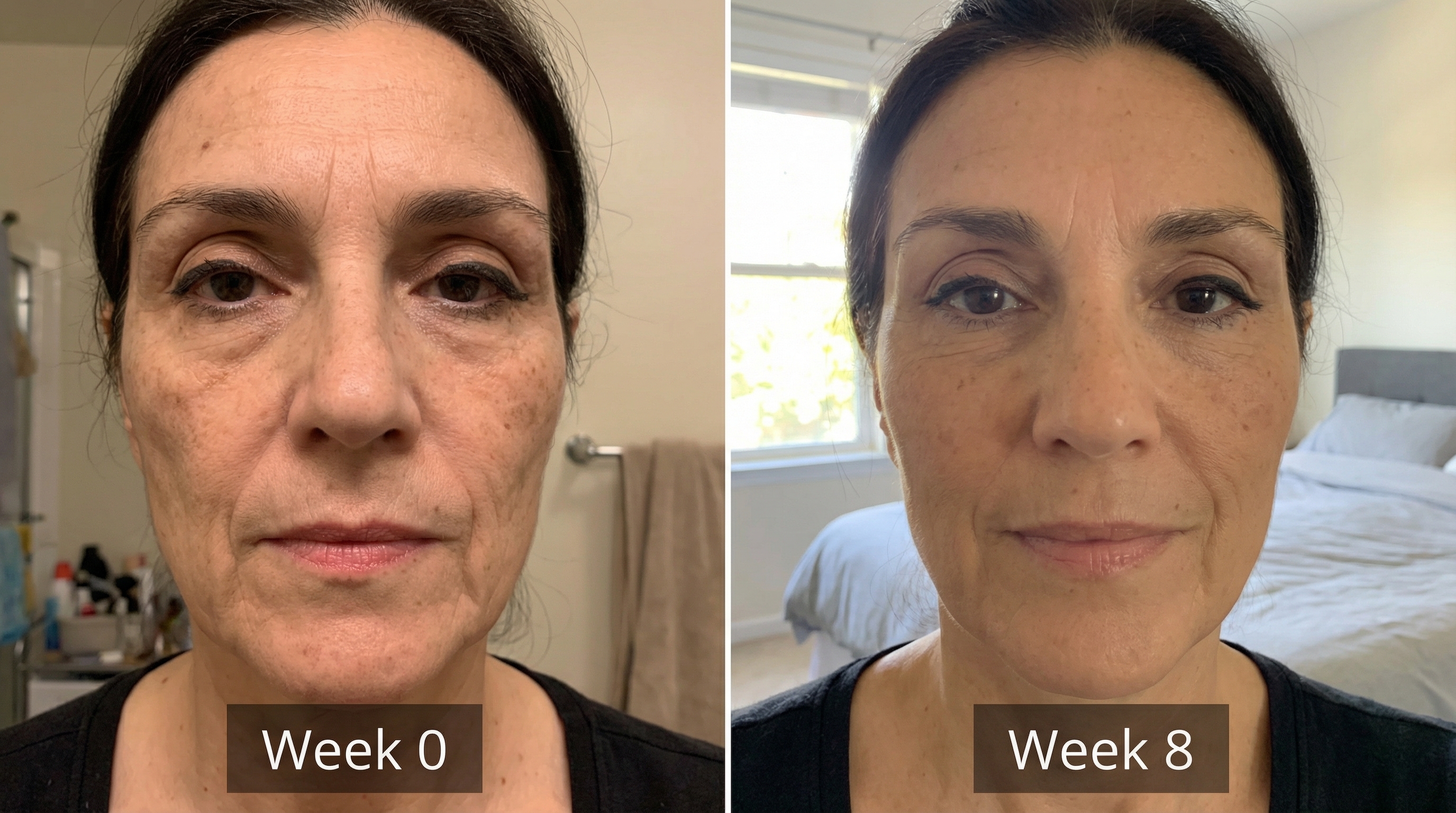 A side-by-side comparison of a woman's face, showing a before picture labeled 'Week 0' and an after picture labeled 'Week 8'.