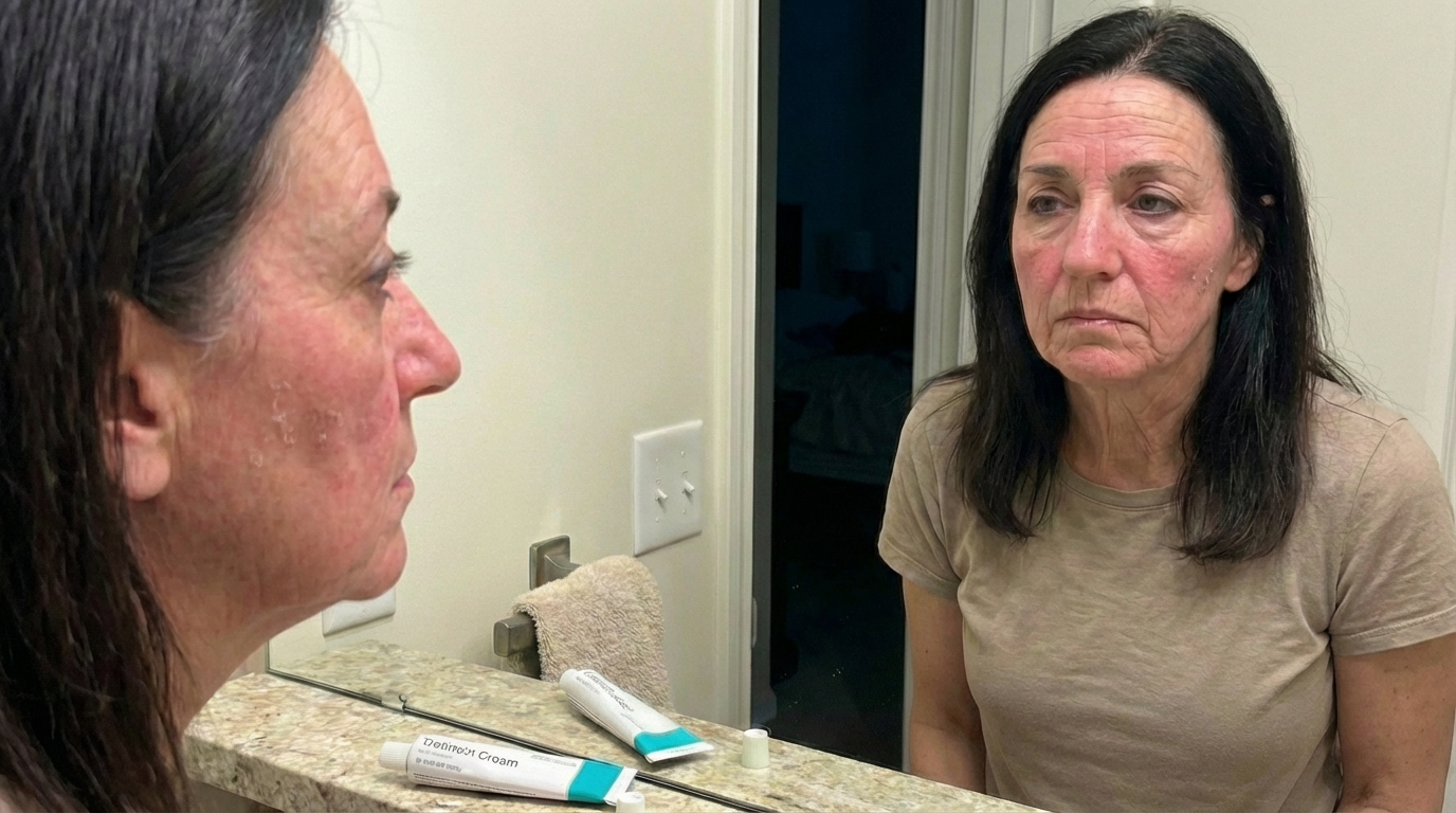A woman with red, flaky skin on her face looks at her reflection in a bathroom mirror.