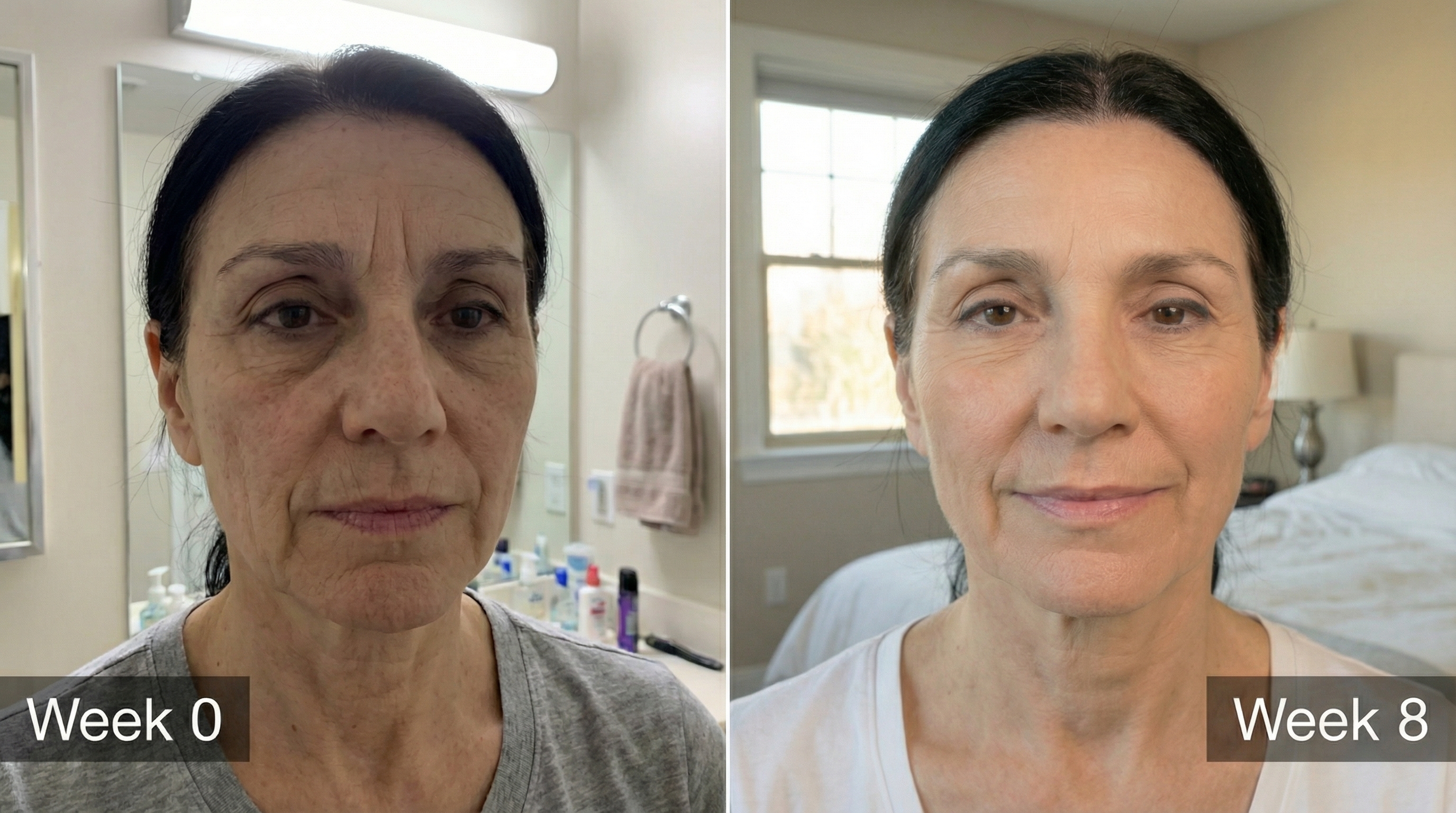 A before-and-after comparison of a woman's face, labeled Week 0 and Week 8, showing improved skin appearance.
