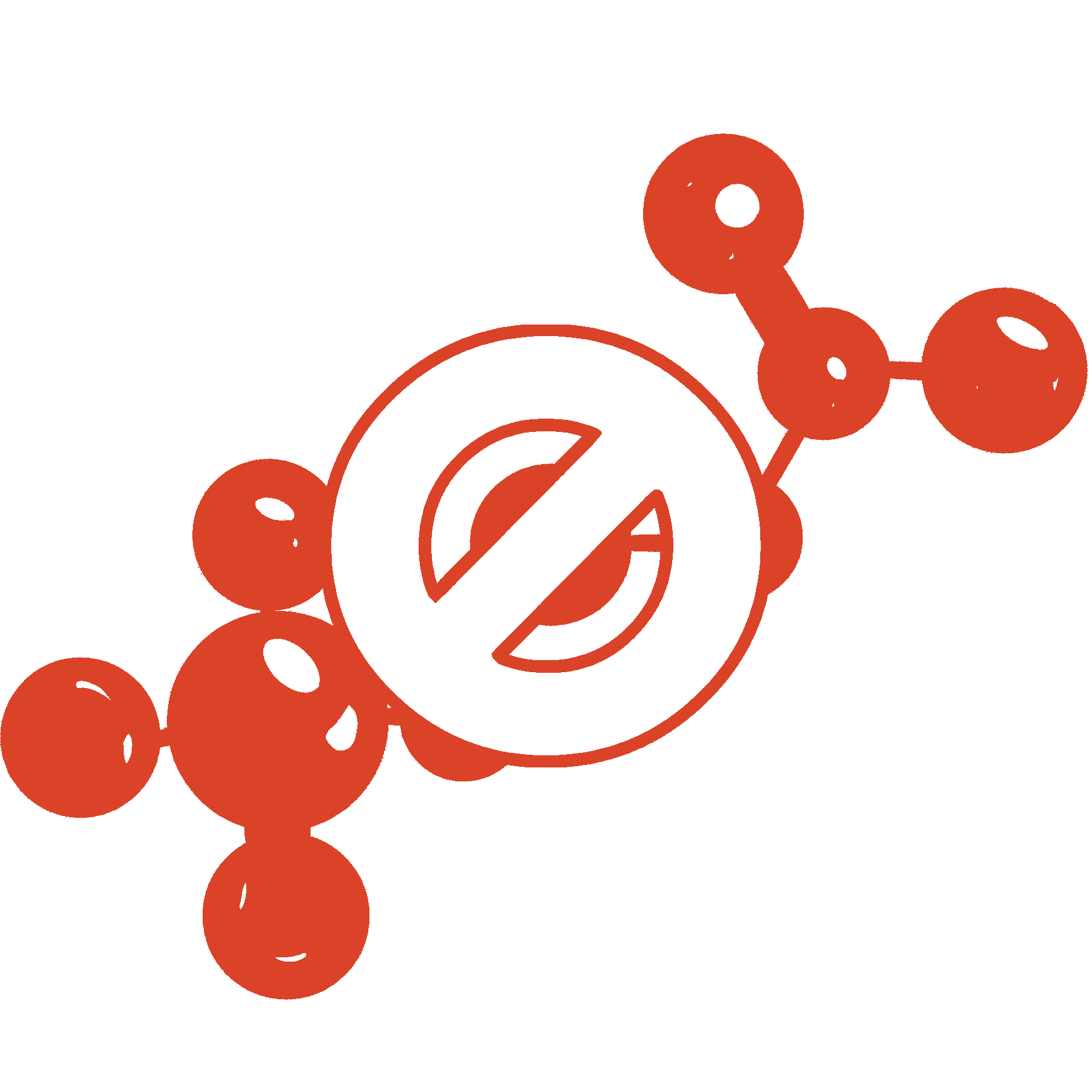 Abstract red molecular structure with a prohibition symbol overlay.