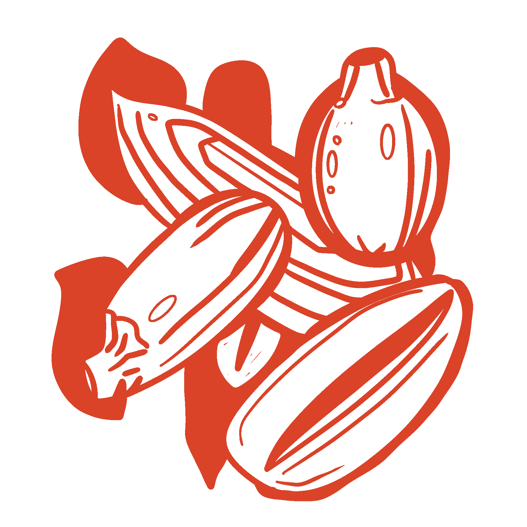 Abstract red and white illustration of various seeds and leaves.