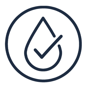 A dark blue line icon of a water drop with a checkmark inside a circle.
