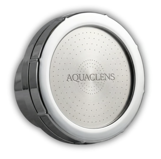 A round, chrome Aquaclens shower head with multiple spray nozzles, viewed at an angle on a white background.
