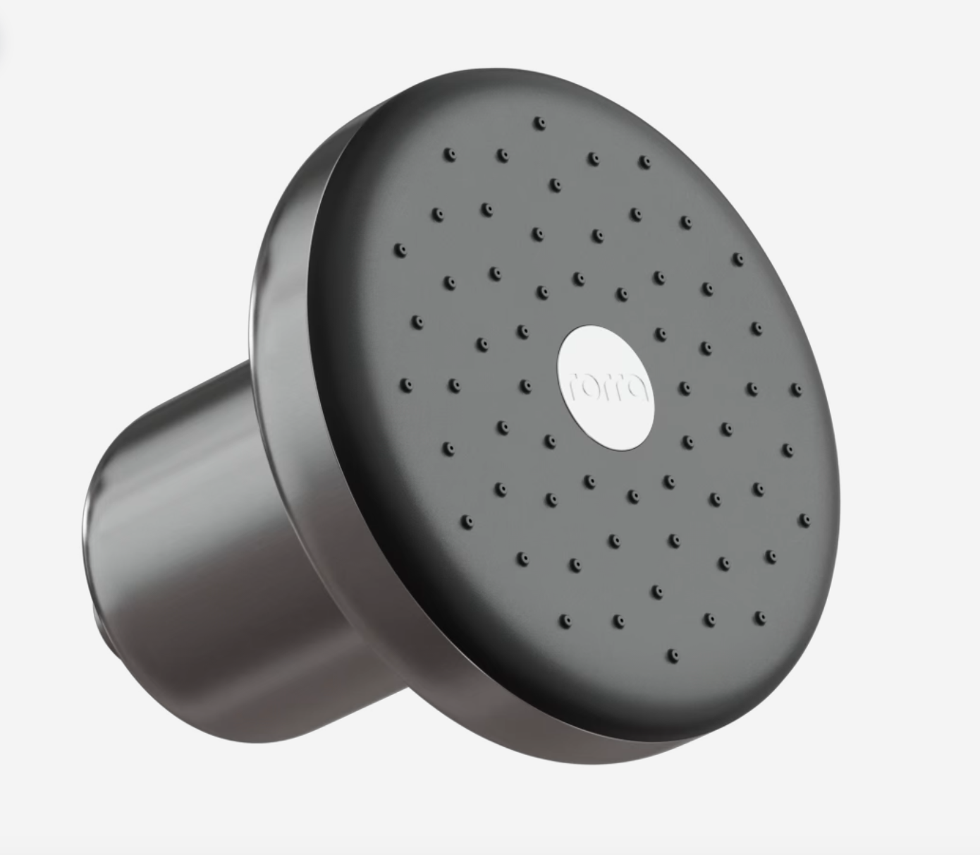 A close-up of a modern, round, dark grey shower head against a white background.