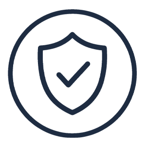 A dark blue line icon of a shield with a checkmark, enclosed in a circle.