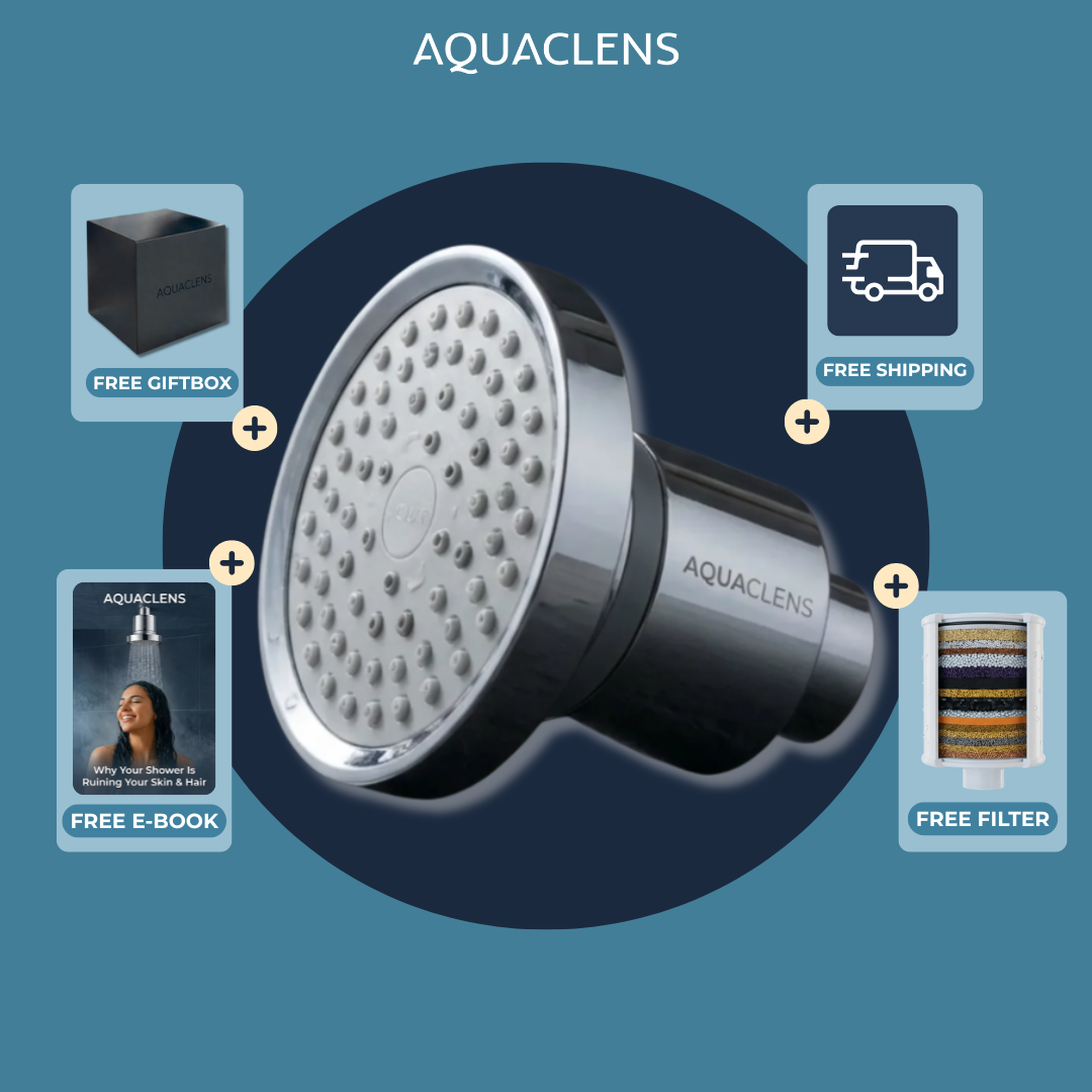 An advertisement for an Aquaclens shower head, highlighting a free gift box, e-book, filter, and free shipping.