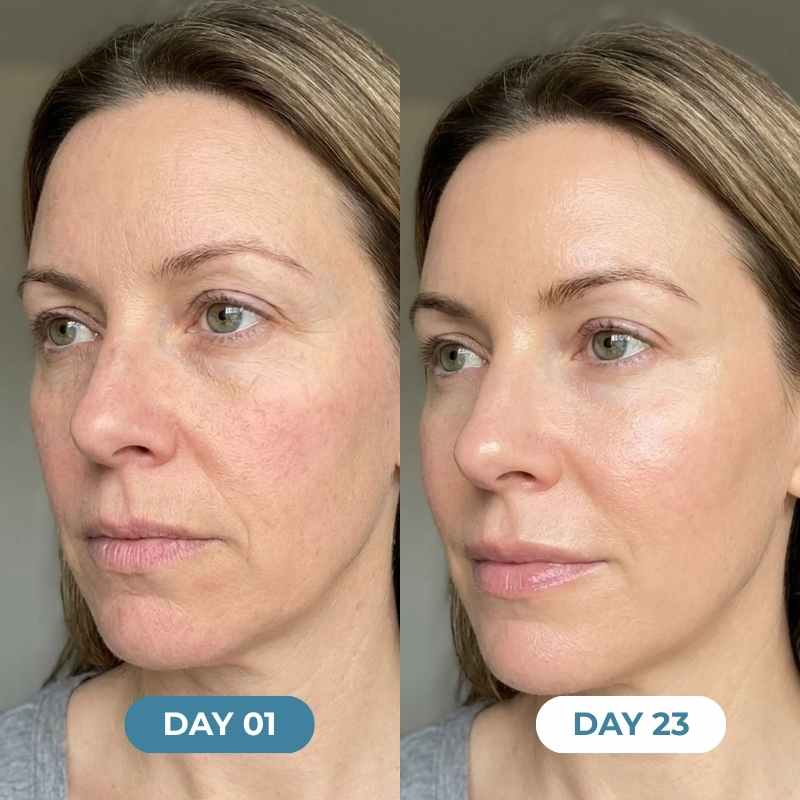 A before and after image showing a woman's face on Day 1 and Day 23, with improved skin appearance.