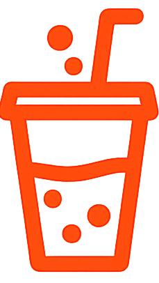 An orange icon of a cup with a straw and a bubbly drink inside.