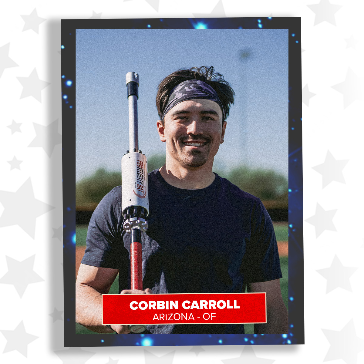 Person holding a baseball bat, smiling outdoors with a headband.