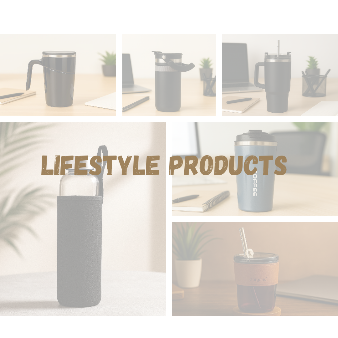 Collage of drinkware on desks with 'LIFESTYLE PRODUCTS' text overlay.