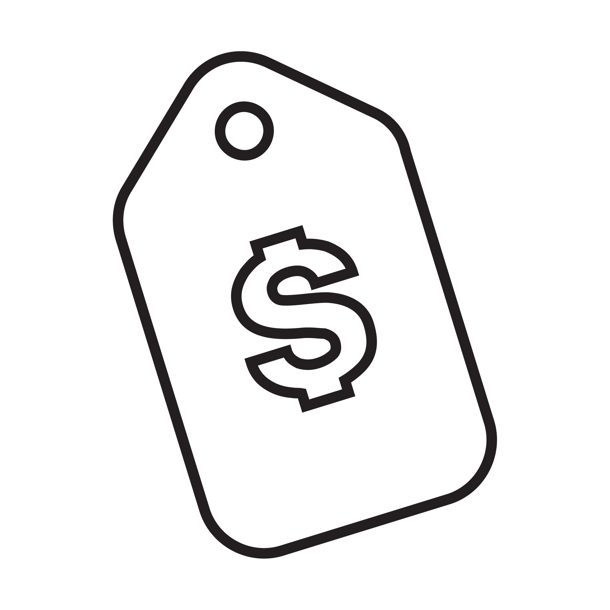 Black price tag icon with a dollar sign.