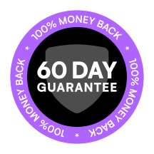 Purple badge with '60 Day Guarantee' and '100% Money Back' text.