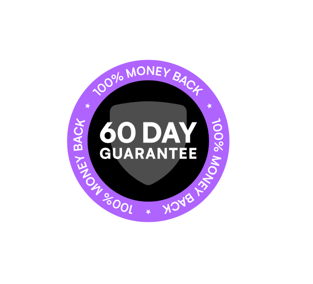 Purple badge with '60 Day Guarantee' and '100% Money Back' text.