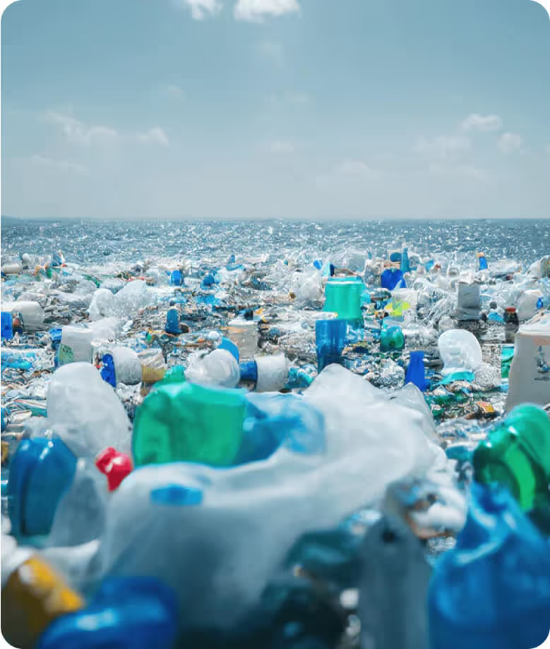 Ocean filled with various plastic waste floating on the surface.