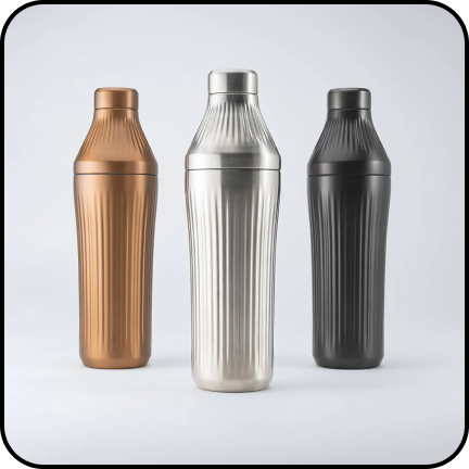 Three metallic water bottles in copper, silver, and black colors.