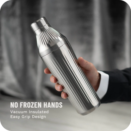 Person holding a stainless steel vacuum insulated bottle with text about easy grip design.