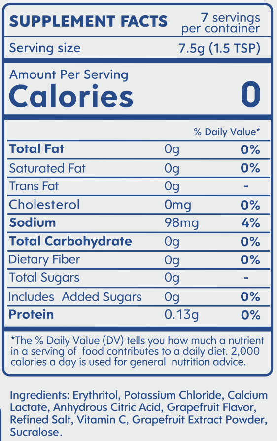 A supplement facts label showing zero calories, nutritional information, and an ingredients list.