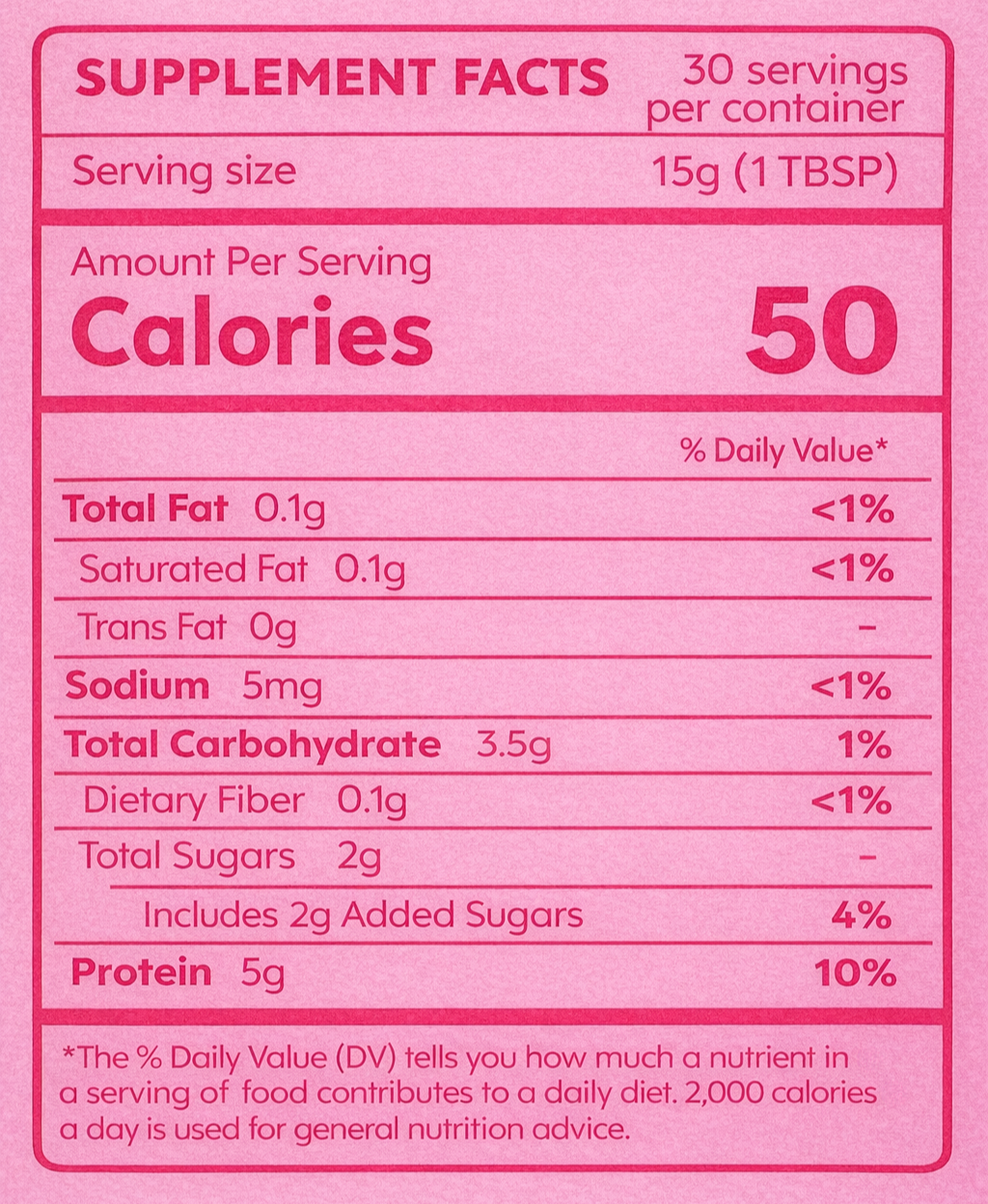 A pink Supplement Facts label showing 50 calories per 1 tablespoon serving.