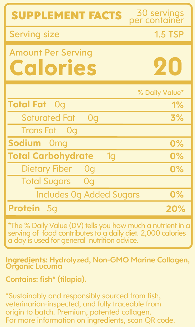 A yellow supplement facts label for a marine collagen product, listing nutritional information and ingredients.