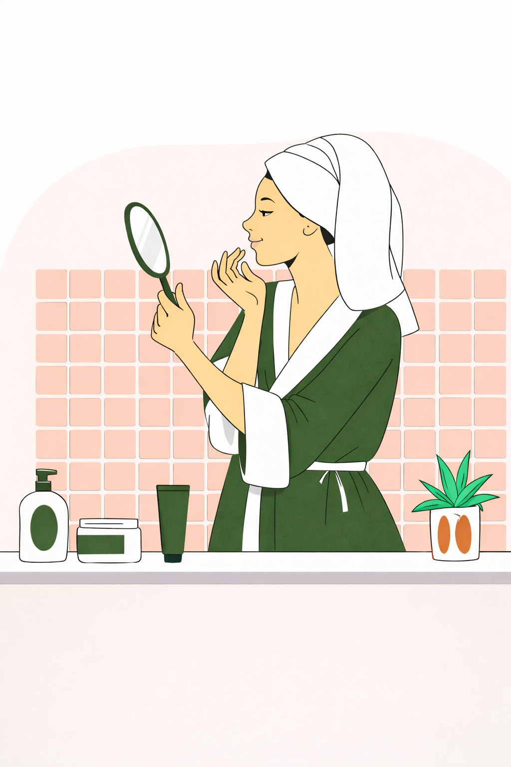 An illustration of a woman in a robe and hair towel looking into a hand mirror.