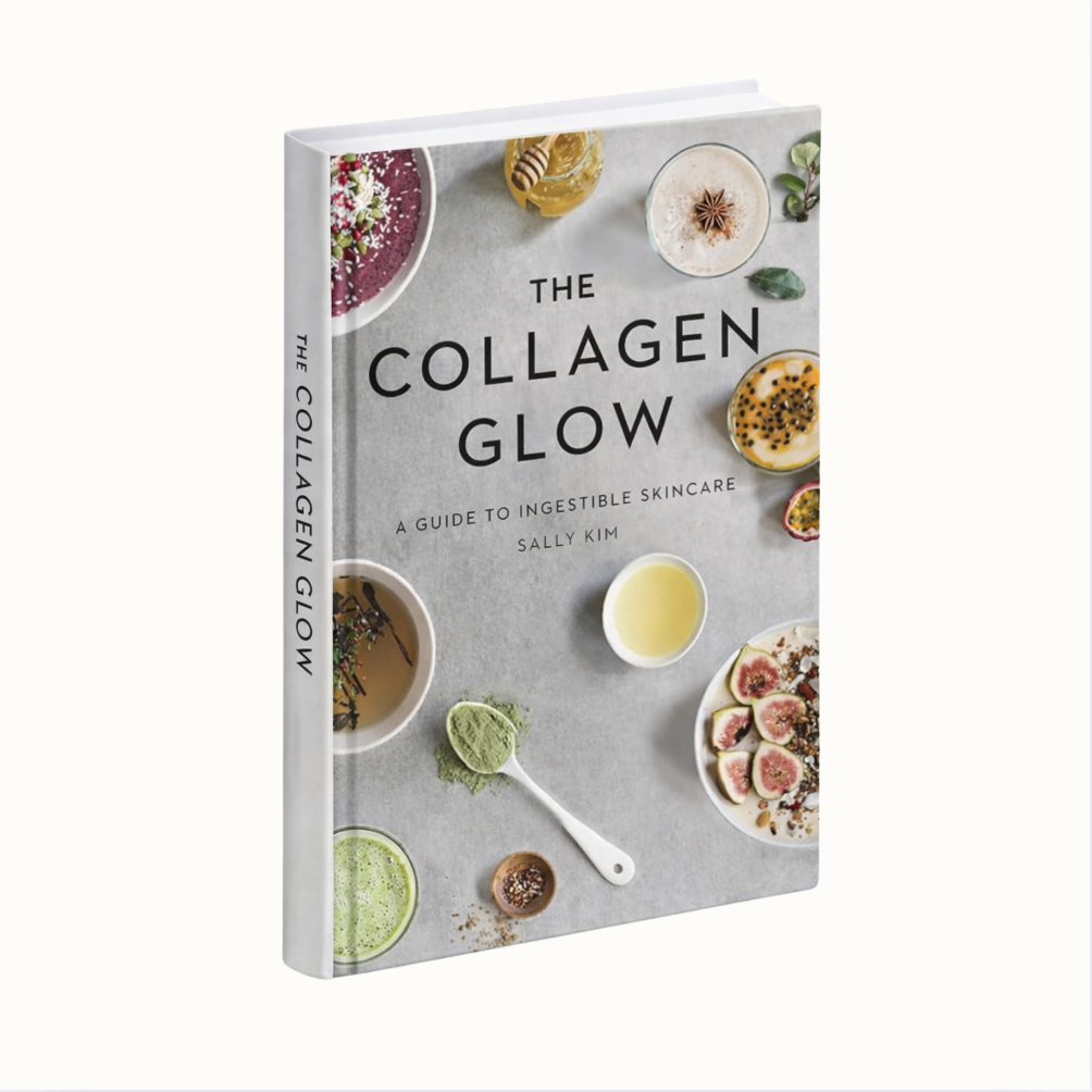 The book 'The Collagen Glow' by Sally Kim, with a cover showing various healthy foods and ingredients.