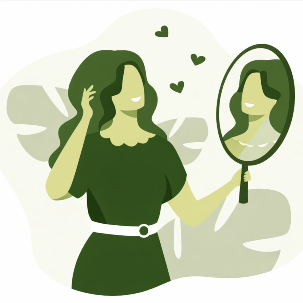 A stylized illustration of a smiling woman looking at her reflection in a hand mirror with floating hearts.