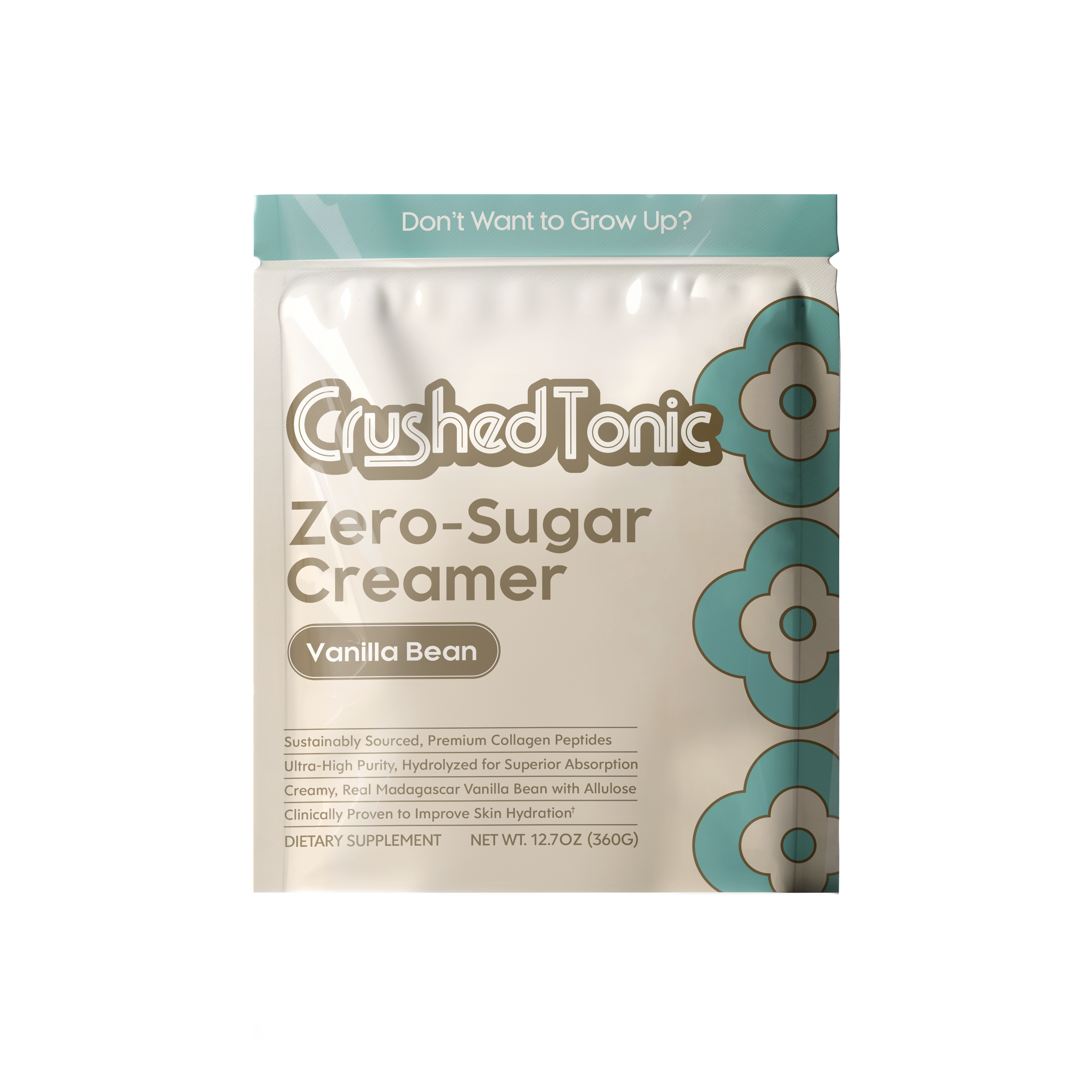 A pouch of Crushed Tonic Zero-Sugar Creamer in Vanilla Bean flavor against a solid green background.