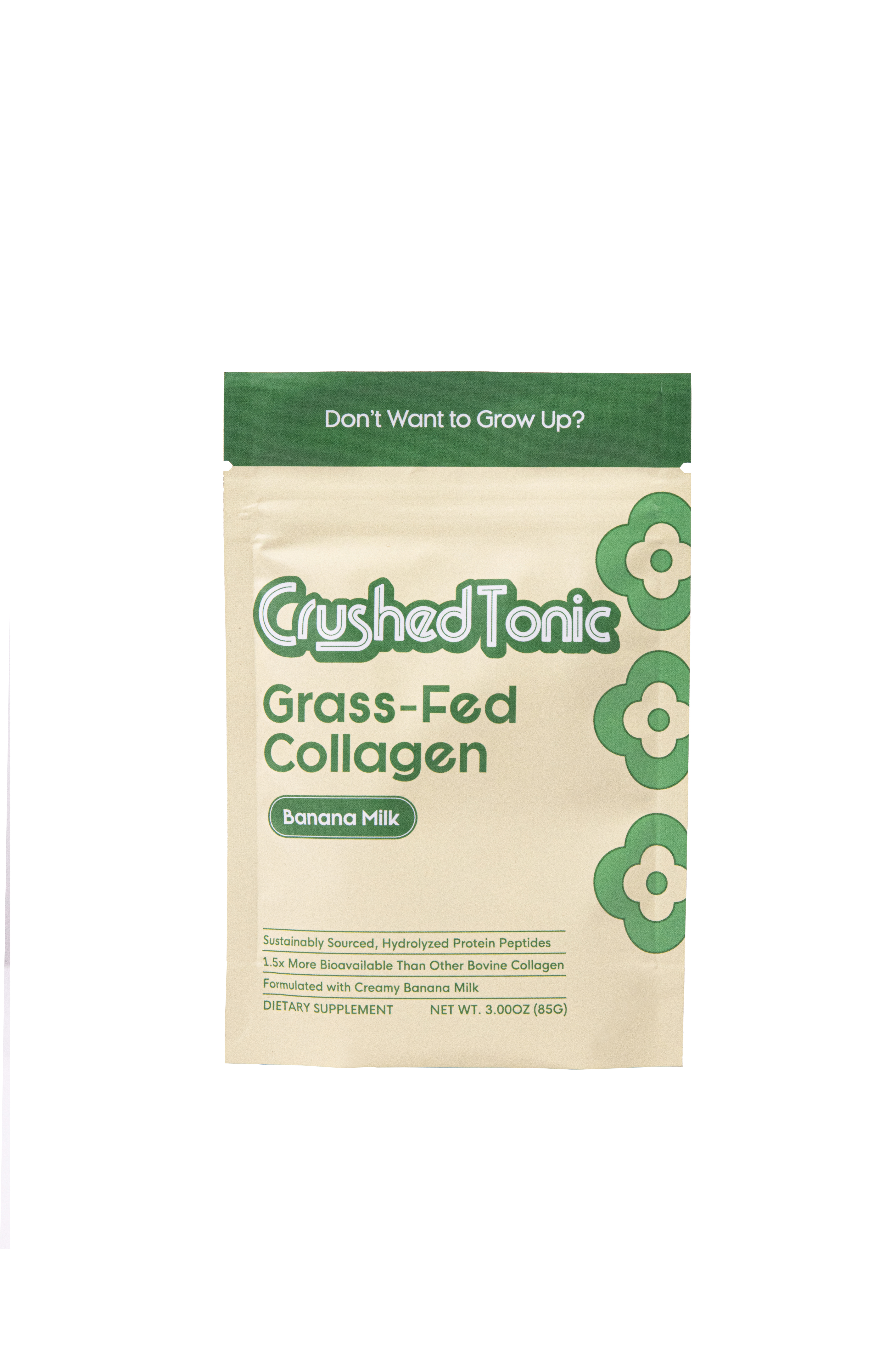 Crushed Tonic Grass-Fed Collagen banana milk package with green floral design.