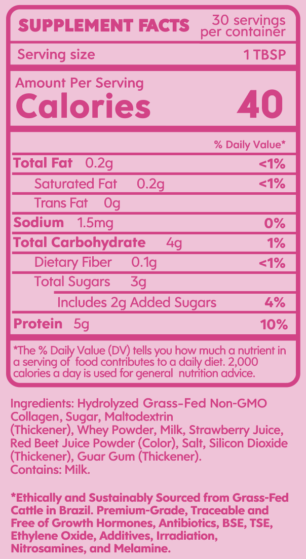 A close-up of a pink and white supplement facts label listing nutritional information and ingredients.