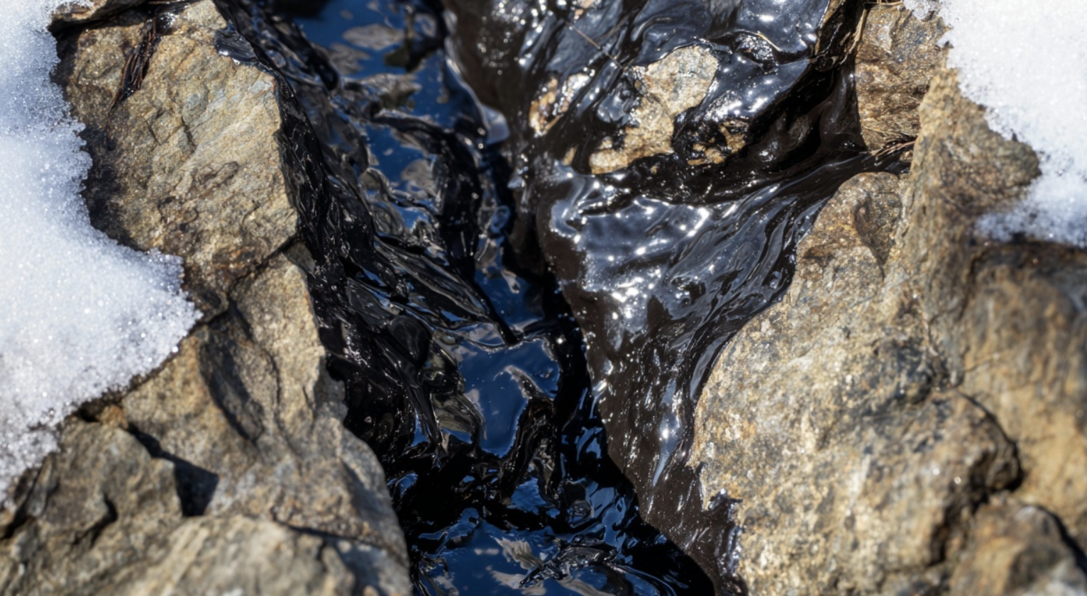 Black liquid flowing between snow-covered rocks.