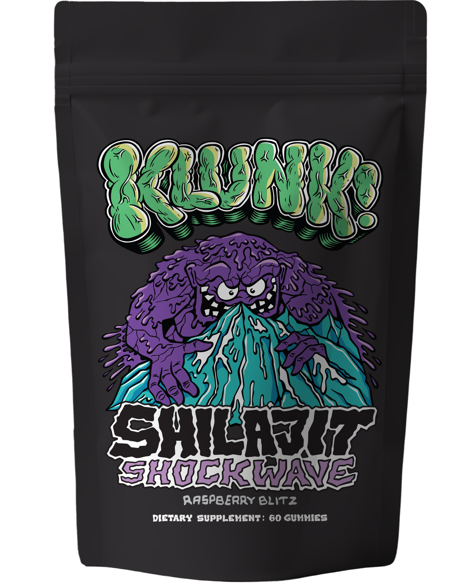 Black packaging with colorful cartoon monster and text 'Shilajit Shockwave Raspberry Blitz.'