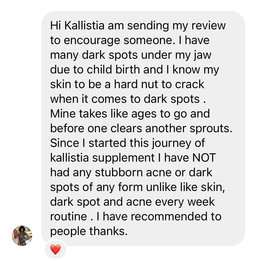 Screenshot of a text message review about a skincare supplement.