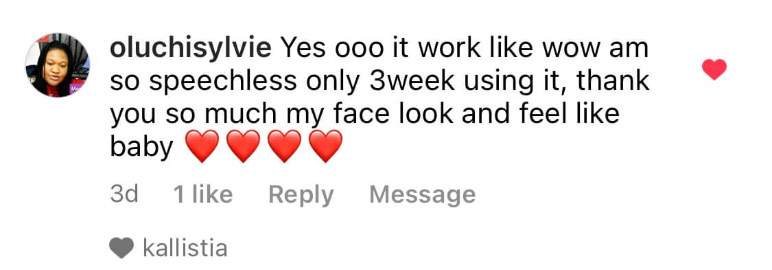Instagram comment praising a product with heart emojis.