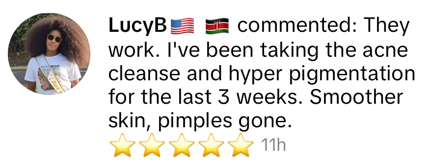 Profile picture of a person with sunglasses and curly hair, next to a positive skincare review.