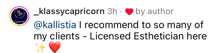 Instagram comment recommending a product, mentioning being a licensed esthetician.