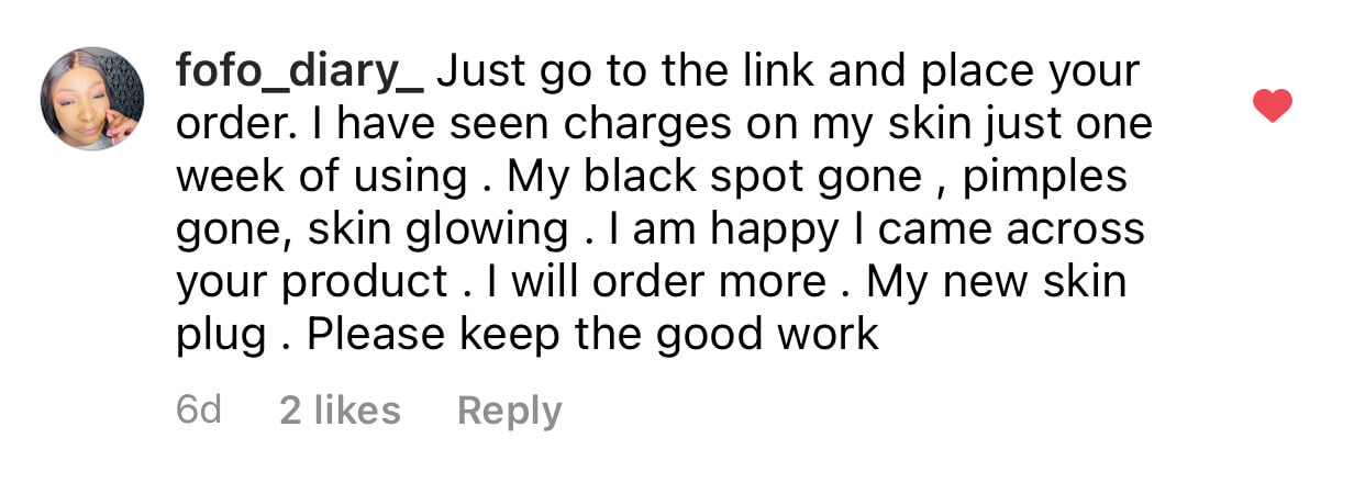 Instagram comment praising a skincare product with a profile picture and heart icon.