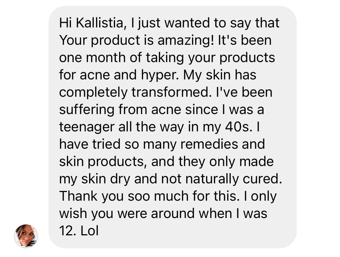 Screenshot of a message praising a skincare product for acne treatment.