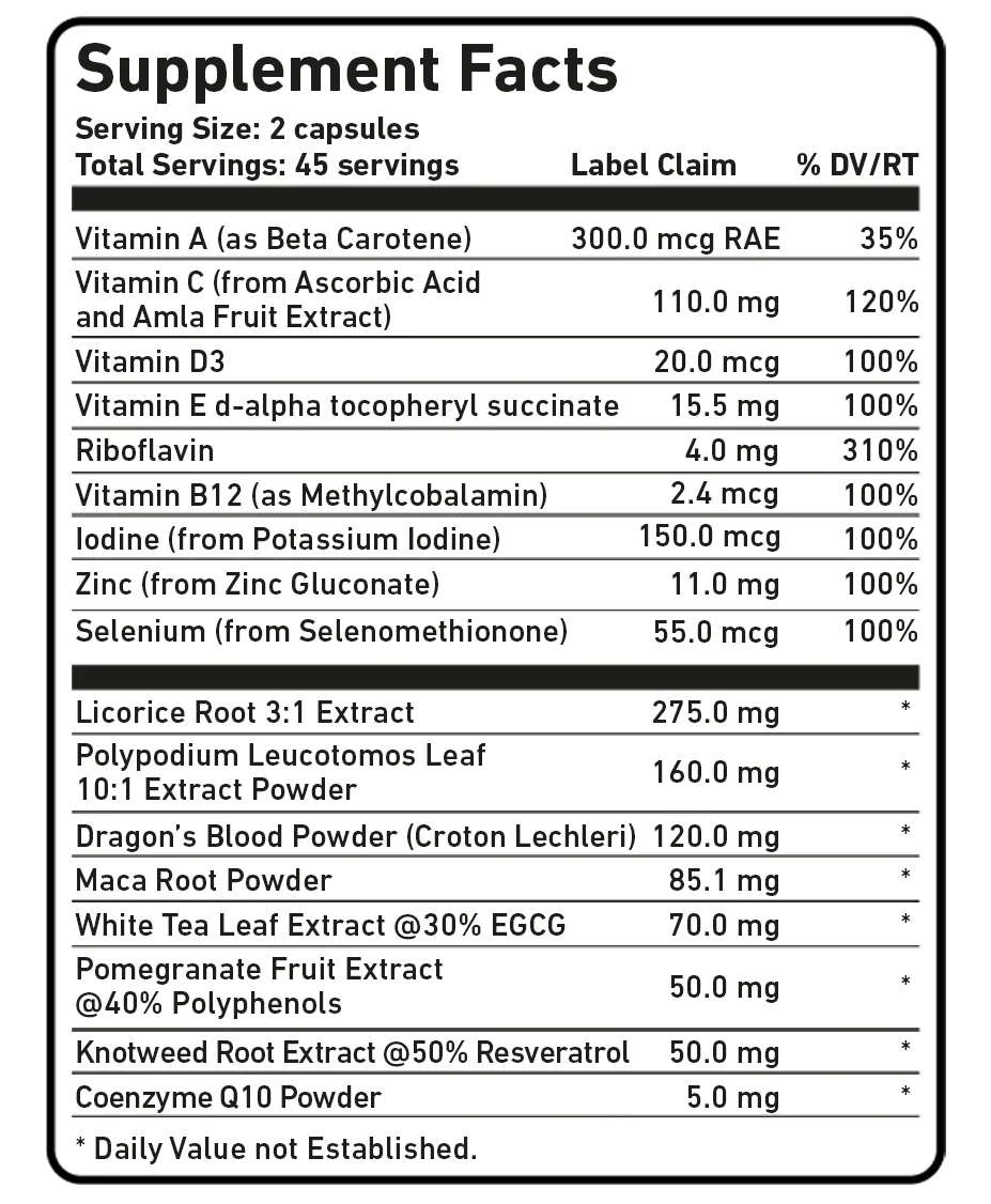 Supplement facts label with vitamins, minerals, and herbal extracts listed.