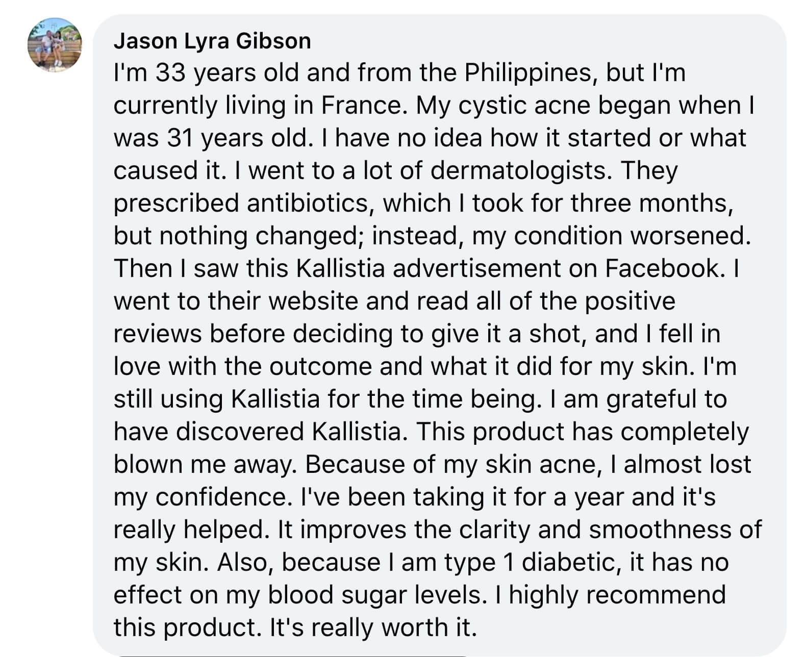 Screenshot of a Facebook post about a skincare product testimonial.