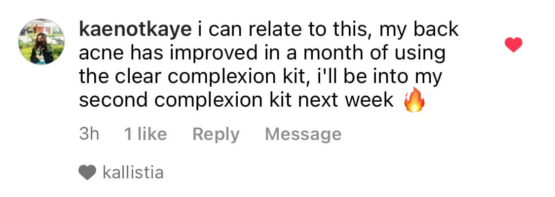 Instagram comment about skincare improvement with emojis.