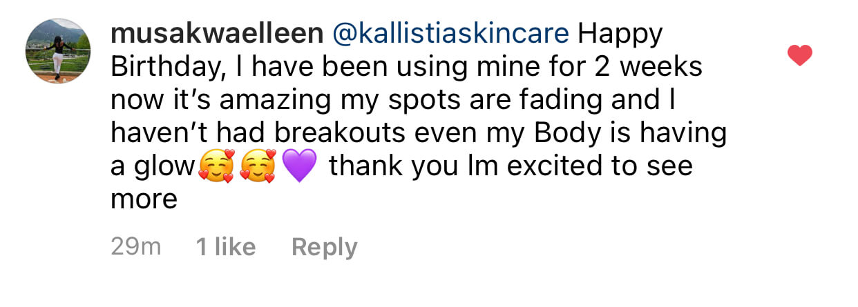 Instagram comment praising skincare product with emojis and a heart icon.